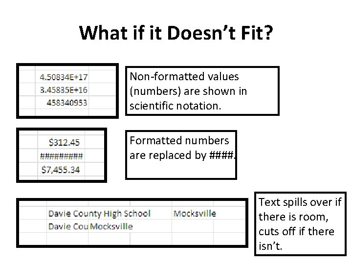 What if it Doesn’t Fit? Non-formatted values (numbers) are shown in scientific notation. Formatted