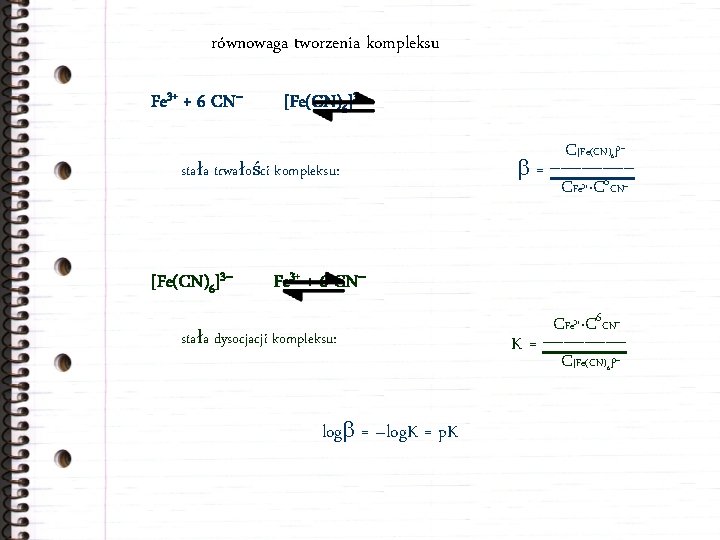 równowaga tworzenia kompleksu Fe 3+ + 6 CN– [Fe(CN)6]3– stała trwałości kompleksu: [Fe(CN)6]3– =