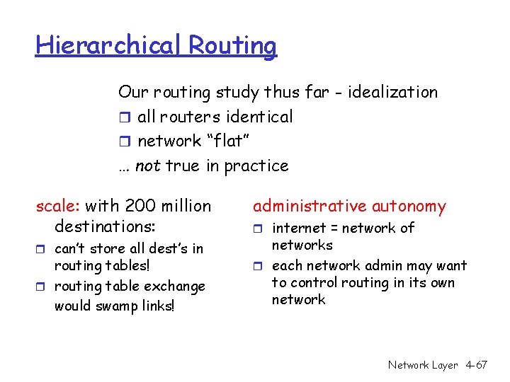 Hierarchical Routing Our routing study thus far - idealization r all routers identical r Hierarchical Routing Our routing study thus far - idealization r all routers identical r