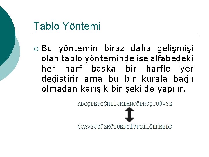 Tablo Yöntemi ¡ Bu yöntemin biraz daha gelişmişi olan tablo yönteminde ise alfabedeki her