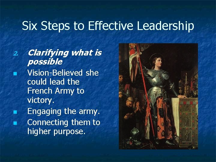 Six Steps to Effective Leadership 2. n n n Clarifying what is possible Vision-Believed