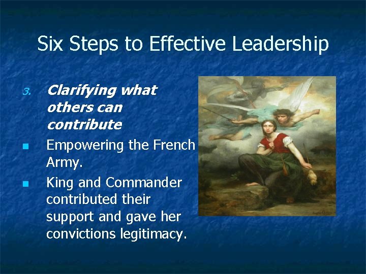 Six Steps to Effective Leadership 3. n n Clarifying what others can contribute Empowering