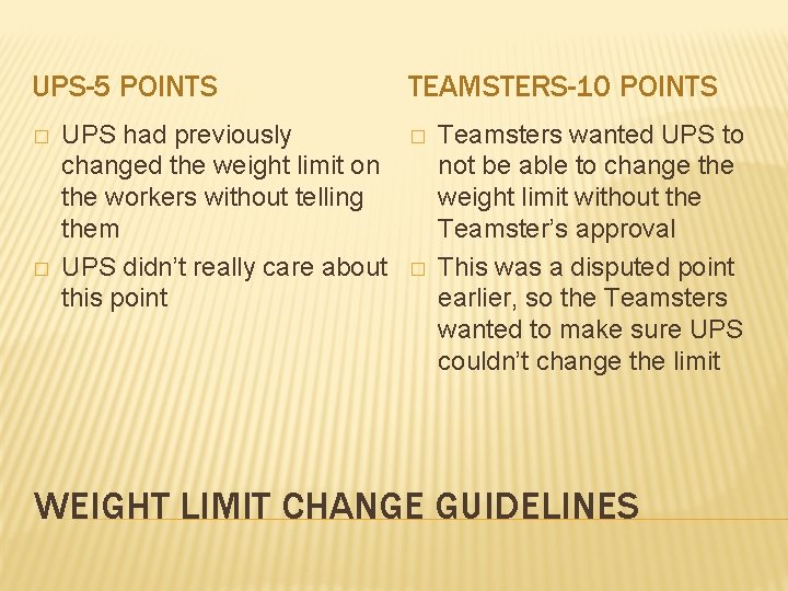 UPS-5 POINTS � � UPS had previously changed the weight limit on the workers UPS-5 POINTS � � UPS had previously changed the weight limit on the workers