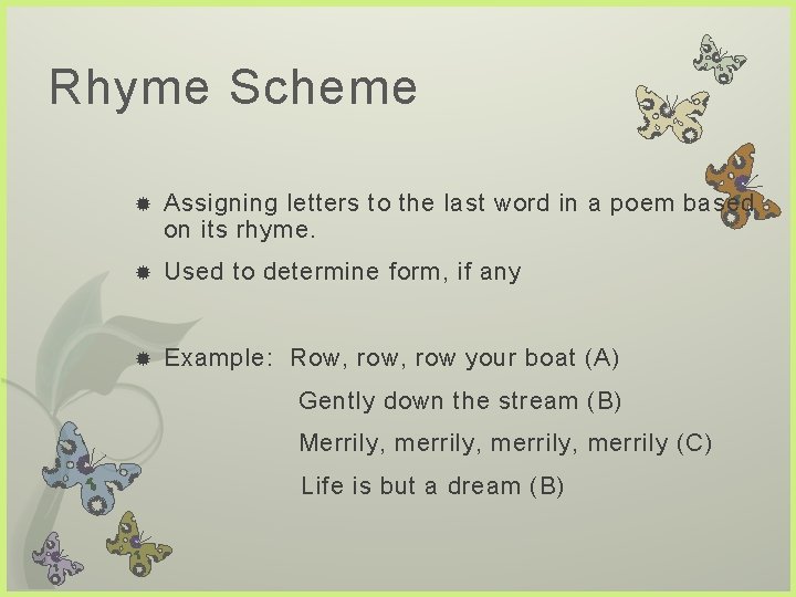 Rhyme Scheme Assigning letters to the last word in a poem based on its