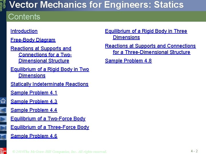 Ninth Edition Vector Mechanics for Engineers: Statics Contents Introduction Free-Body Diagram Reactions at Supports