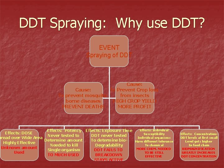 DDT Spraying: Why use DDT? EVENT Spraying of DDT Cause: To Prevent Crop loss