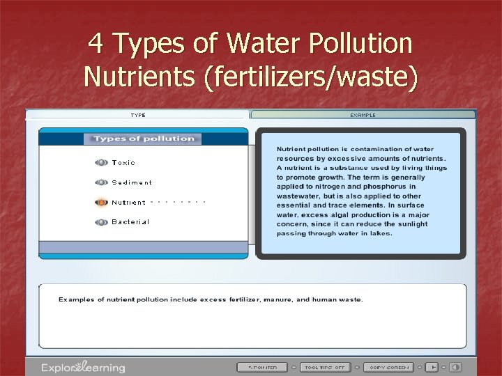 4 Types of Water Pollution Nutrients (fertilizers/waste) 