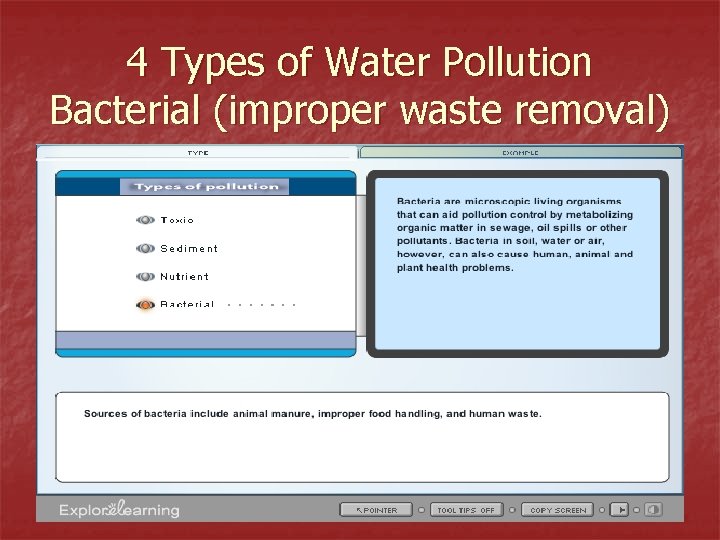 4 Types of Water Pollution Bacterial (improper waste removal) 