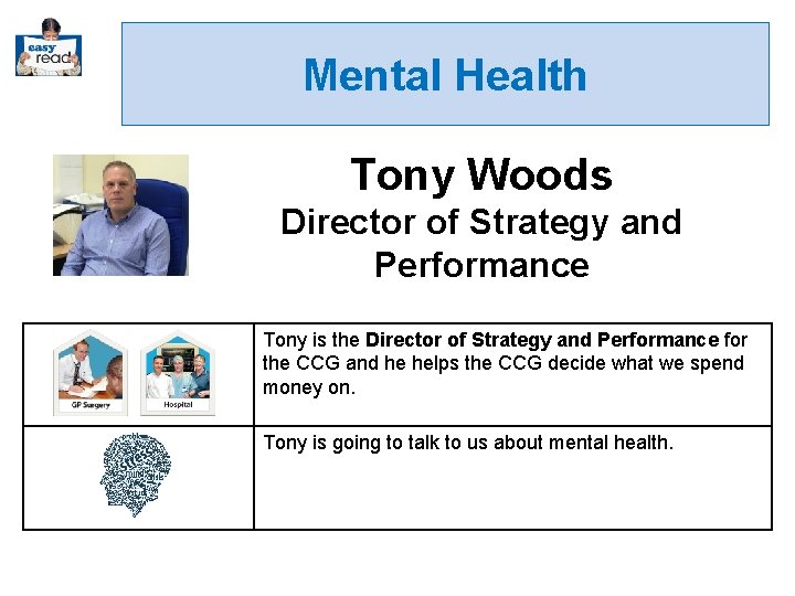 Mental Health Tony Woods Director of Strategy and Performance Tony is the Director of