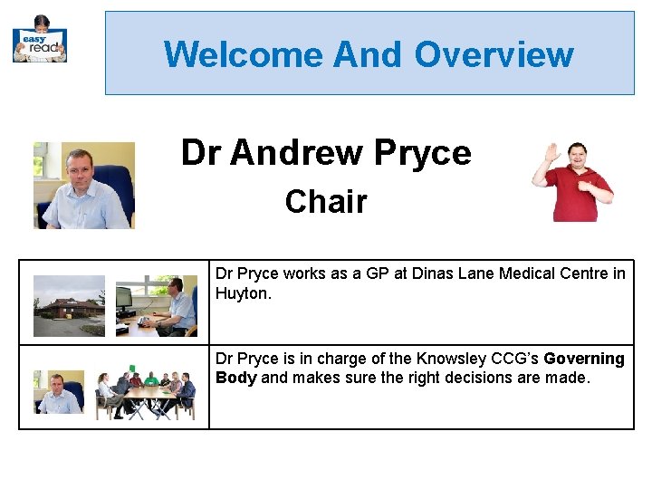 Welcome And Overview Dr Andrew Pryce Chair Dr Pryce works as a GP at