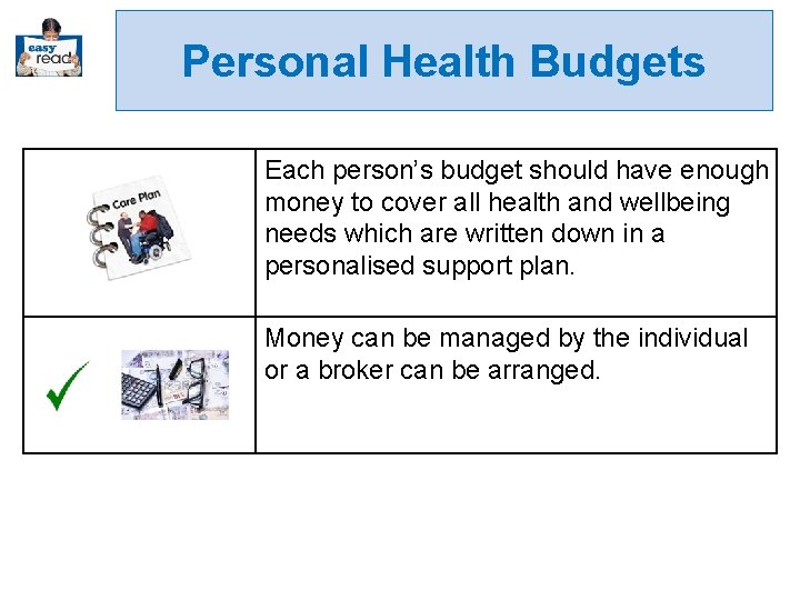 Personal Health Budgets Each person’s budget should have enough money to cover all health