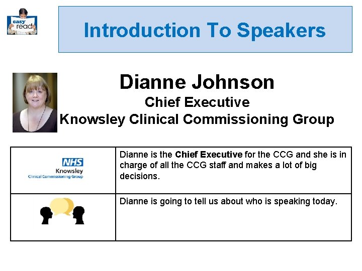 Introduction To Speakers Dianne Johnson Chief Executive Knowsley Clinical Commissioning Group Dianne is the