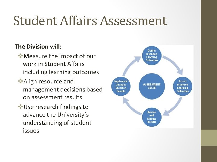Student Affairs Assessment The Division will: v. Measure the impact of our work in Student Affairs Assessment The Division will: v. Measure the impact of our work in