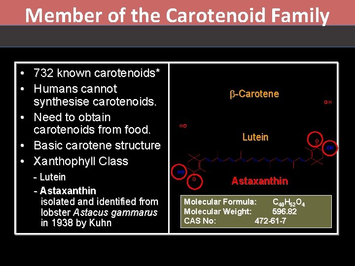 Member of the Carotenoid Family - Lutein - Astaxanthin isolated and identified from lobster