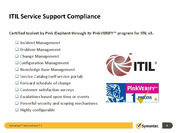 ITIL Service Support Compliance Certified toolset by Pink Elephant through its Pink. VERIFY™ program ITIL Service Support Compliance Certified toolset by Pink Elephant through its Pink. VERIFY™ program