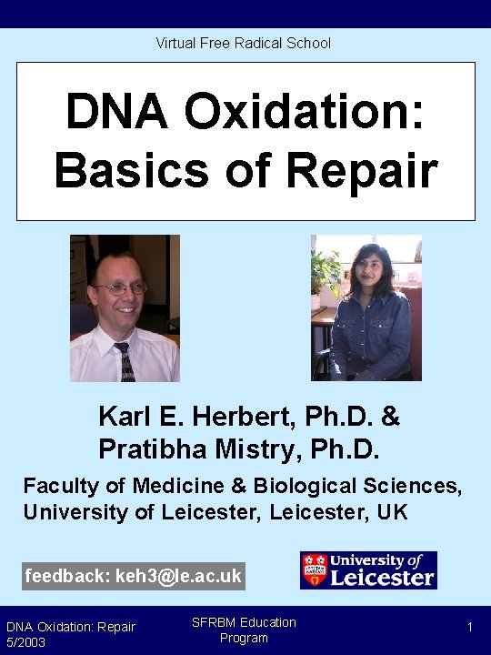 Virtual Free Radical School DNA Oxidation: Basics of Repair Karl E. Herbert, Ph. D.