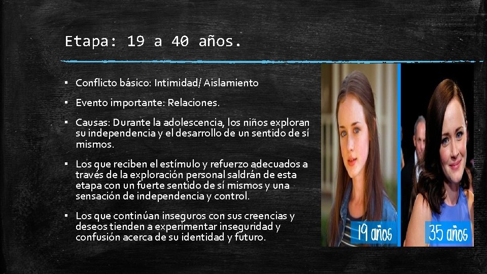 Etapa: 19 a 40 años. ▪ Conflicto básico: Intimidad/ Aislamiento ▪ Evento importante: Relaciones.