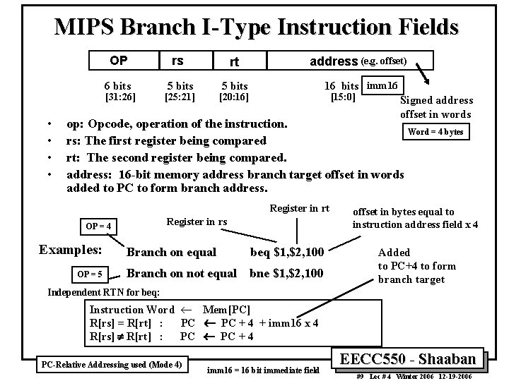 MIPS Branch I-Type Instruction Fields OP rs rt address (e. g. offset) 6 bits