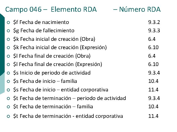 Campo 046 – Elemento RDA – Número RDA ¡ $f Fecha de nacimiento $g