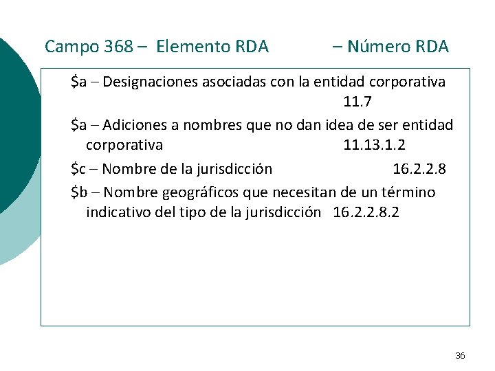  Campo 368 – Elemento RDA – Número RDA $a – Designaciones asociadas con