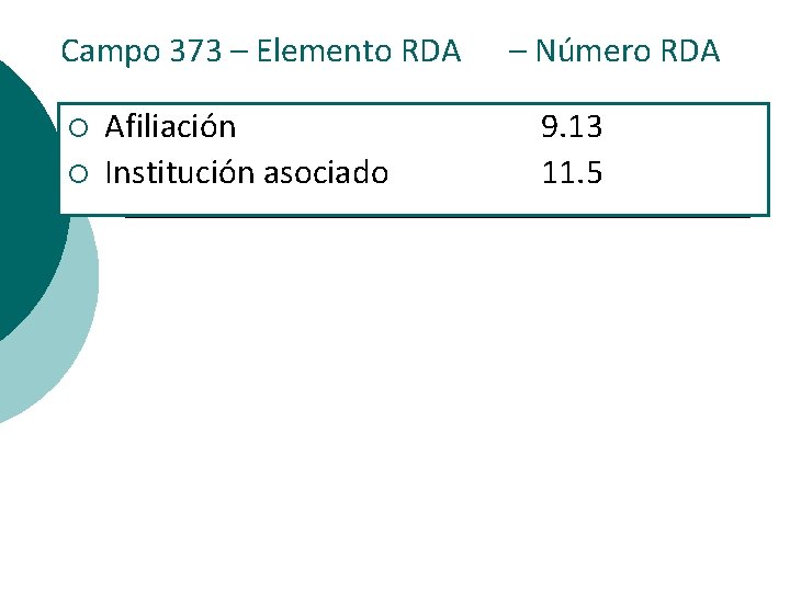 Campo 373 – Elemento RDA – Número RDA ¡ Afiliación ¡ Institución asociado 9.
