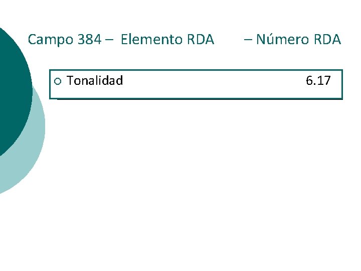 Campo 384 – Elemento RDA ¡ Tonalidad – Número RDA 6. 17 