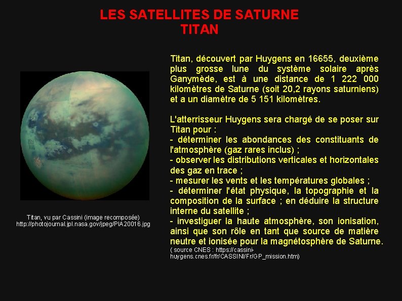 LES SATELLITES DE SATURNE TITAN Titan, découvert par Huygens en 16655, deuxième plus grosse