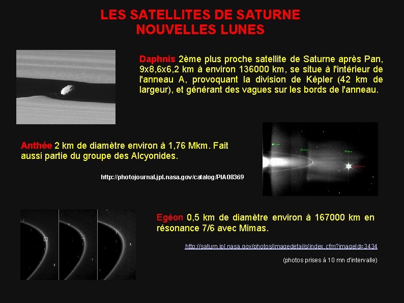 LES SATELLITES DE SATURNE NOUVELLES LUNES Daphnis 2ème plus proche satellite de Saturne après