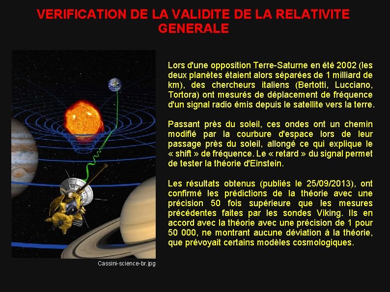VERIFICATION DE LA VALIDITE DE LA RELATIVITE GENERALE Lors d'une opposition Terre-Saturne en été