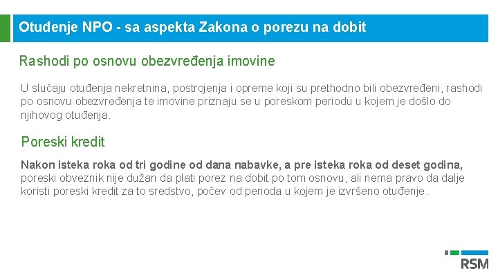 Otuđenje NPO - sa aspekta Zakona o porezu na dobit Rashodi po osnovu obezvređenja