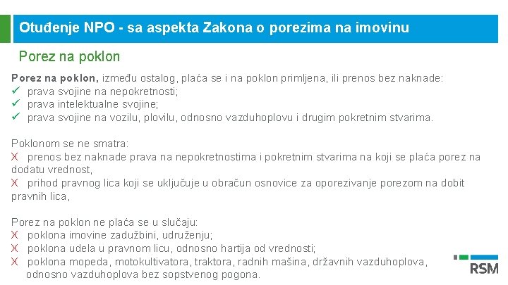 Otuđenje NPO - sa aspekta Zakona o porezima na imovinu Porez na poklon, između