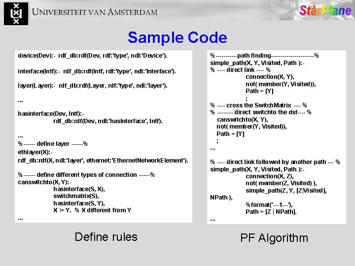 Sample Code device(Dev): - rdf_db: rdf(Dev, rdf: 'type', ndl: 'Device'). interface(Intf): - rdf_db: rdf(Intf,