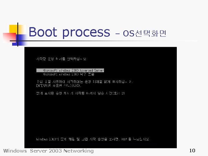Boot process Windows Server 2003 Networking – OS선택화면 10 Boot process Windows Server 2003 Networking – OS선택화면 10