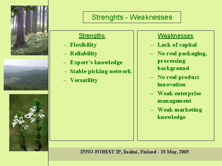 Strenghts - Weaknesses – – – Strengths Flexibility Reliability Expert’s knowledge Stable picking-network Versatility