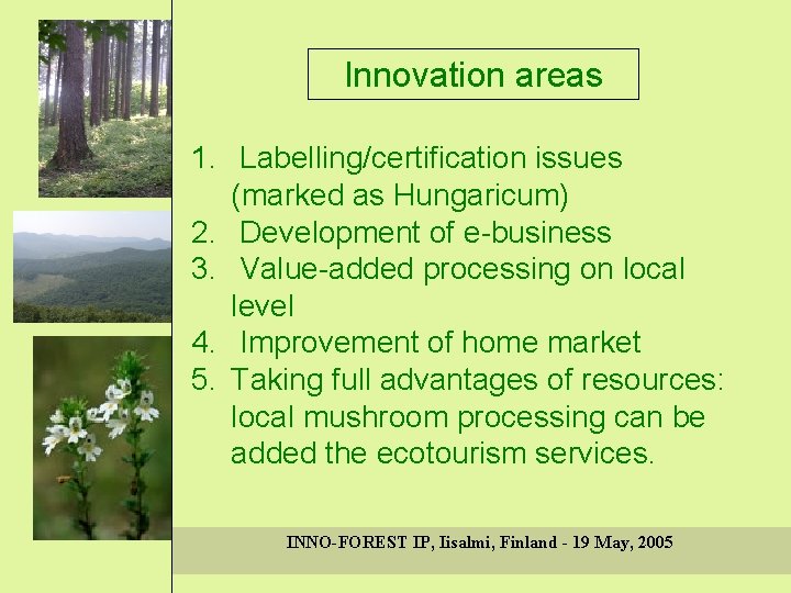 Innovation areas 1. Labelling/certification issues (marked as Hungaricum) 2. Development of e-business 3. Value-added