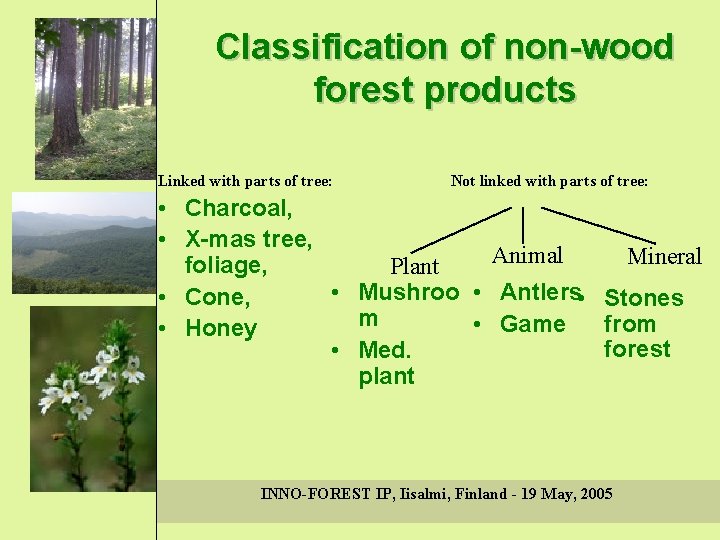 Classification of non-wood forest products Linked with parts of tree: Not linked with parts