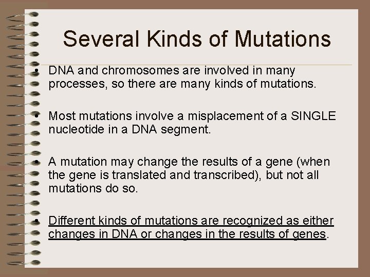 Several Kinds of Mutations • DNA and chromosomes are involved in many processes, so