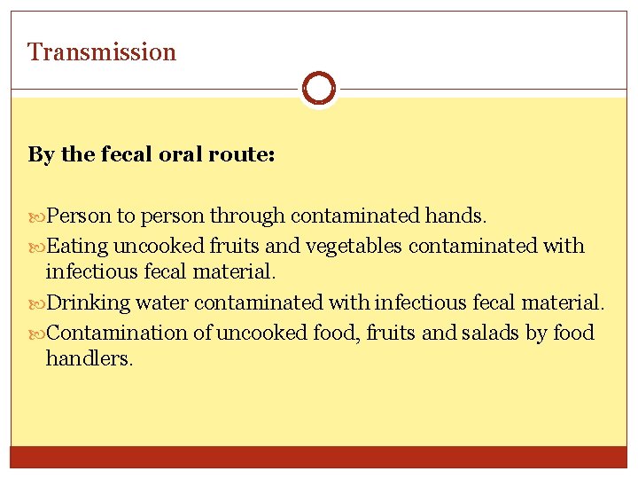 Transmission By the fecal oral route: Person to person through contaminated hands. Eating uncooked