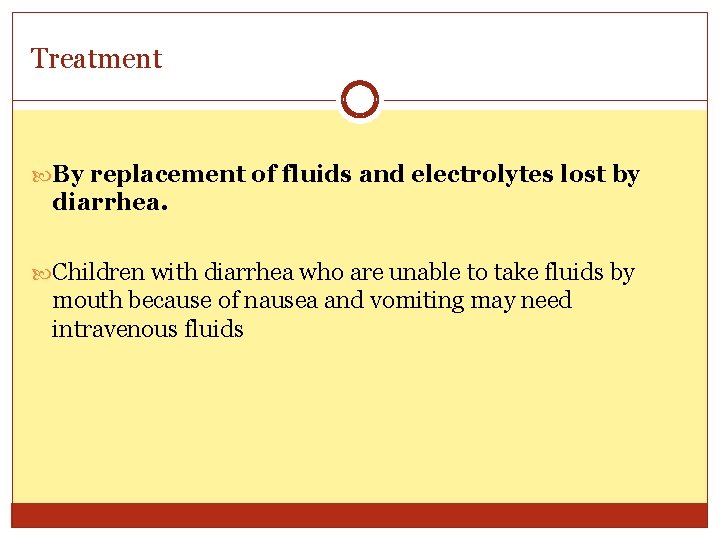 Treatment By replacement of fluids and electrolytes lost by diarrhea. Children with diarrhea who