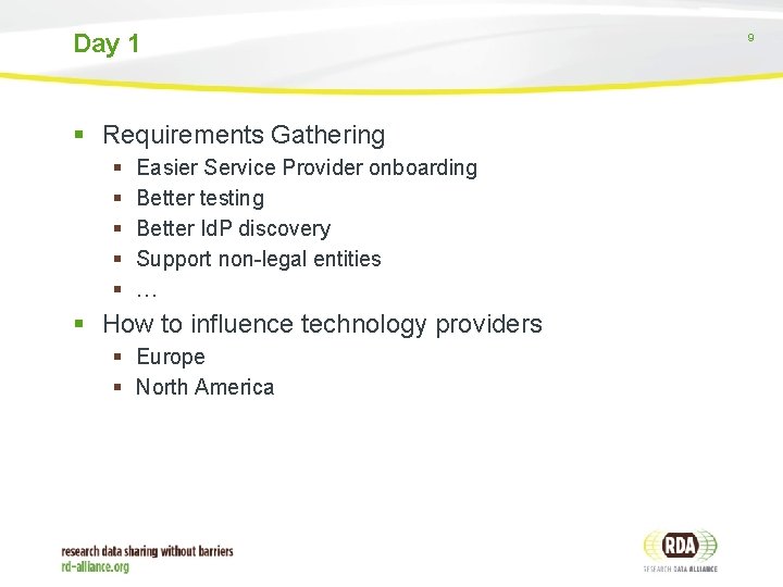 Day 1 Requirements Gathering Easier Service Provider onboarding Better testing Better Id. P discovery