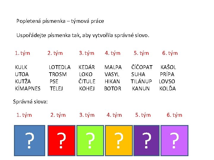Popletená písmenka – týmová práce Uspořádejte písmenka tak, aby vytvořila správné slovo. 1. tým Popletená písmenka – týmová práce Uspořádejte písmenka tak, aby vytvořila správné slovo. 1. tým