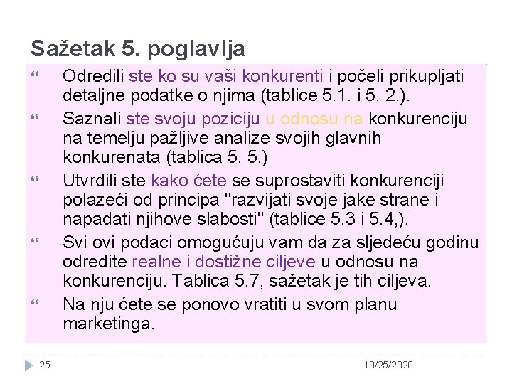 Sažetak 5. poglavlja Odredili ste ko su vaši konkurenti i počeli prikupljati detaljne podatke