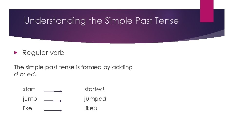 Understanding the Simple Past Tense ▶ Regular verb The simple past tense is formed