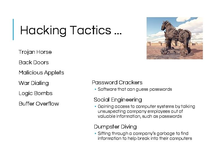 Hacking Tactics. . . Trojan Horse Back Doors Malicious Applets War Dialing Logic Bombs Hacking Tactics. . . Trojan Horse Back Doors Malicious Applets War Dialing Logic Bombs