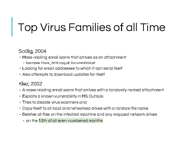 Top Virus Families of all Time So. Big, 2004 • Mass-mailing email worm that Top Virus Families of all Time So. Big, 2004 • Mass-mailing email worm that