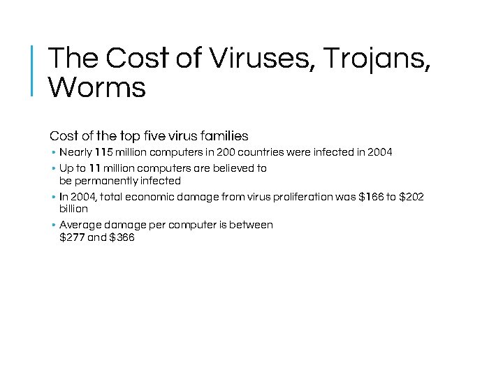 The Cost of Viruses, Trojans, Worms Cost of the top five virus families • The Cost of Viruses, Trojans, Worms Cost of the top five virus families •