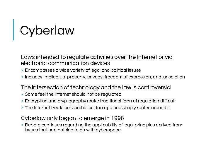 Cyberlaw Laws intended to regulate activities over the Internet or via electronic communication devices Cyberlaw Laws intended to regulate activities over the Internet or via electronic communication devices