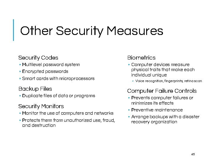 Other Security Measures Security Codes Biometrics • Multilevel password system • Encrypted passwords • Other Security Measures Security Codes Biometrics • Multilevel password system • Encrypted passwords •