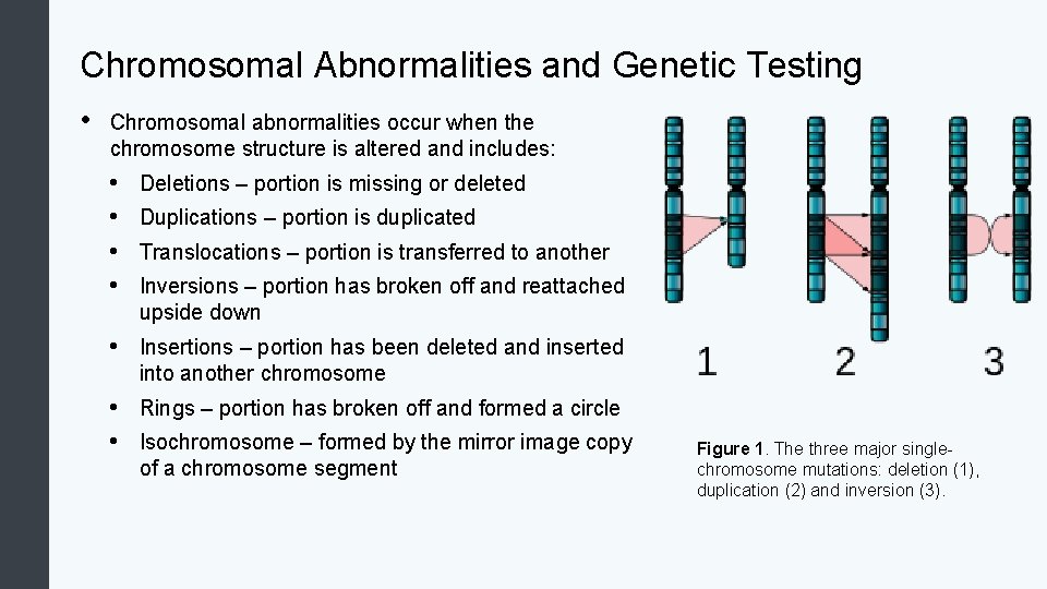 Chromosomal Abnormalities and Genetic Testing • Chromosomal abnormalities occur when the chromosome structure is