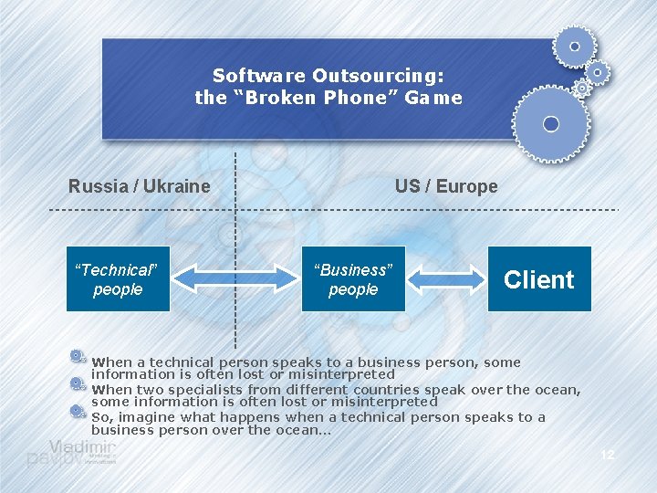 Software Outsourcing: the “Broken Phone” Game Russia / Ukraine “Technical” people US / Europe